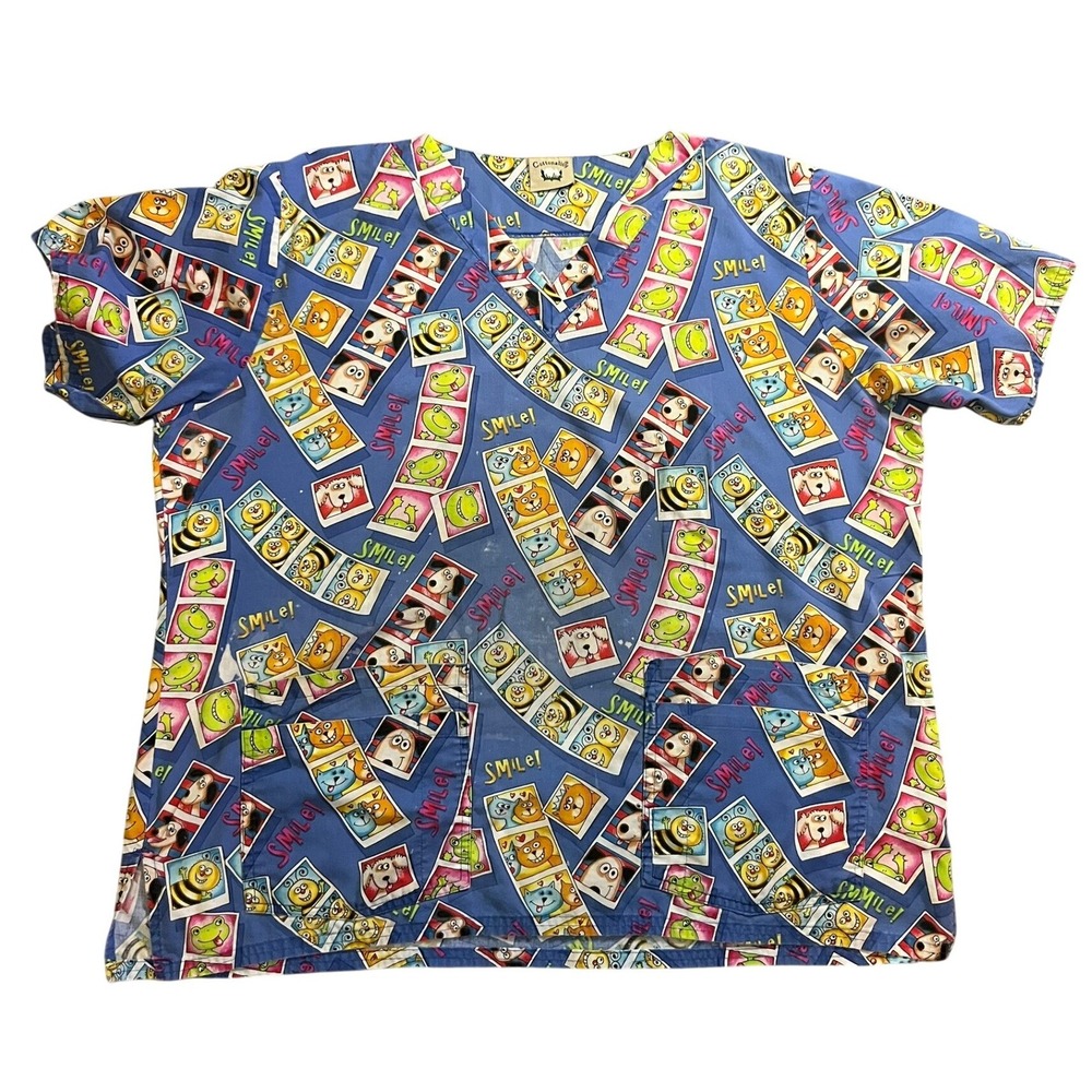 Cottonality V-Neck Scrub Top Blue Cartoon Animal Smile Print Plus Size Workwear